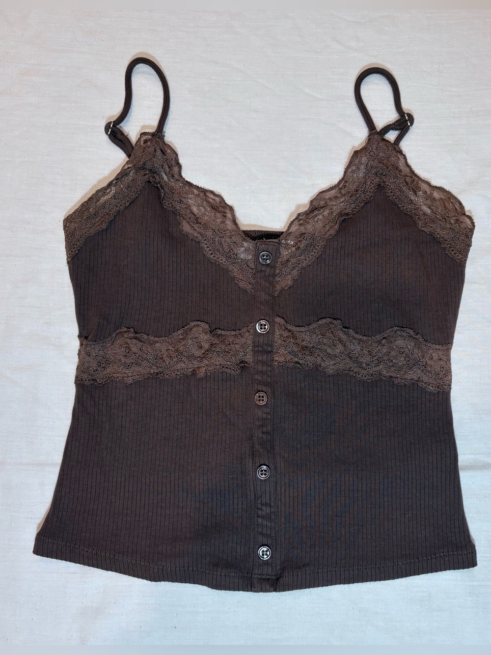 RSQ Brown Lace-Trim Ribbed Button-Front Cami